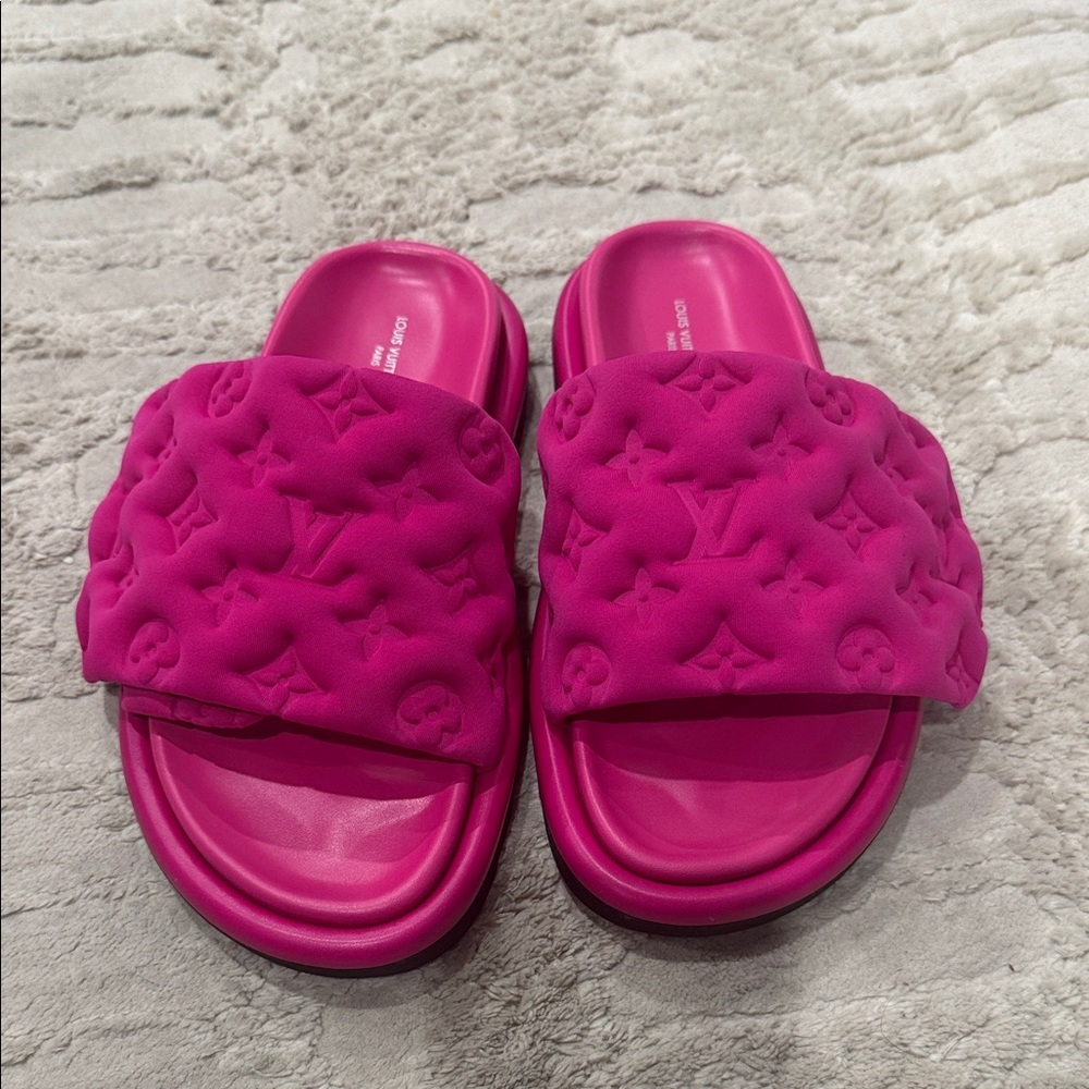 Louis Vuitton Hot Pink Quilted Slide Sandals authentic